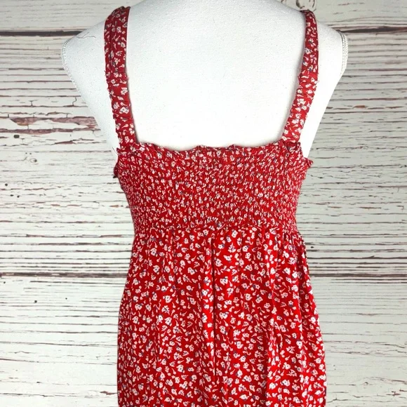 Joyous Red Floral Button Front Midi Dress – Smocked Back – Size M - Picture 4 of 8